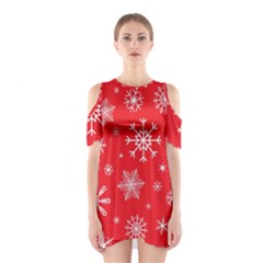 Christmas Seamless With Snowflakes Snowflake Pattern Red Background Winter Shoulder Cutout One Piece Dress by Vaneshart