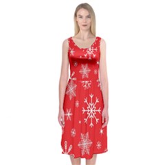 Christmas Seamless With Snowflakes Snowflake Pattern Red Background Winter Midi Sleeveless Dress by Vaneshart