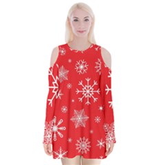 Christmas Seamless With Snowflakes Snowflake Pattern Red Background Winter Velvet Long Sleeve Shoulder Cutout Dress by Vaneshart