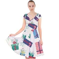 Christmas Gifts Pattern With Flowers Leaves Cap Sleeve Front Wrap Midi Dress by Vaneshart