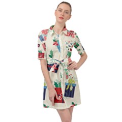 Christmas Gifts Pattern With Flowers Leaves Belted Shirt Dress by Vaneshart