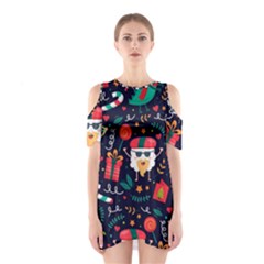 Colorful Funny Christmas Pattern Shoulder Cutout One Piece Dress by Vaneshart