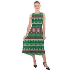 Knitted Christmas Pattern Green Red Midi Tie-back Chiffon Dress by Vaneshart