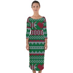 Knitted Christmas Pattern Green Red Quarter Sleeve Midi Bodycon Dress by Vaneshart