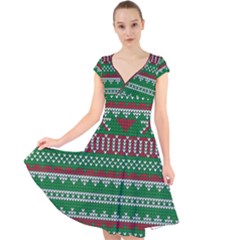 Knitted Christmas Pattern Green Red Cap Sleeve Front Wrap Midi Dress by Vaneshart