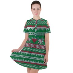 Knitted Christmas Pattern Green Red Short Sleeve Shoulder Cut Out Dress  by Vaneshart