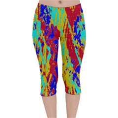 Multicolored Vibran Abstract Textre Print Velvet Capri Leggings  by dflcprintsclothing