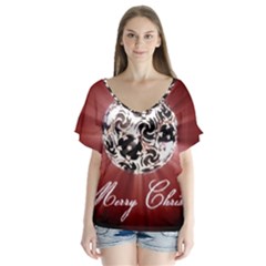 Merry Christmas Ornamental V-neck Flutter Sleeve Top by christmastore