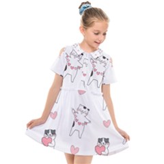 Seamless Pattern Cute Cat With Little Heart Hearts Kids  Short Sleeve Shirt Dress by Wegoenart