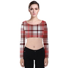 Red Abstract Check Textile Seamless Pattern Velvet Long Sleeve Crop Top by Wegoenart