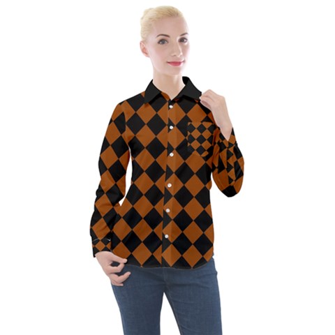 Block Fiesta - Burnt Orange & Black Women s Long Sleeve Pocket Shirt by FashionBoulevard