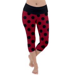 Polka Dots Black On Carmine Red Lightweight Velour Capri Yoga Leggings by FashionBoulevard