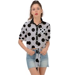 Polka Dots Black On Cloudy Grey Tie Front Shirt  by FashionBoulevard