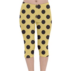 Polka Dots Black On Mellow Yellow Velvet Capri Leggings  by FashionBoulevard