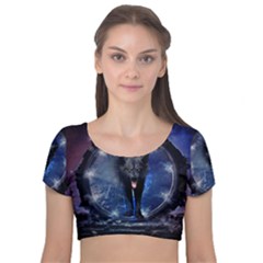 Awesome Wolf In The Gate Velvet Short Sleeve Crop Top  by FantasyWorld7