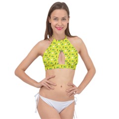 Green Elephant Pattern Yellow Cross Front Halter Bikini Top by snowwhitegirl