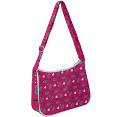 Green Elephant Pattern Hot Pink Zip Up Shoulder Bag by snowwhitegirl