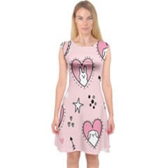 Cartoon Cute Valentines Day Doodle Heart Love Flower Seamless Pattern Vector Capsleeve Midi Dress by Vaneshart