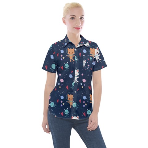Cute Astronaut Cat With Star Galaxy Elements Seamless Pattern Women s Short Sleeve Pocket Shirt by Vaneshart
