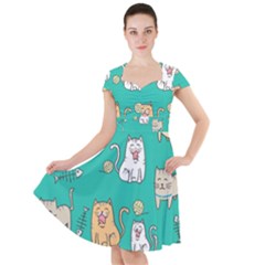 Seamless Pattern Cute Cat Cartoon With Hand Drawn Style Cap Sleeve Midi Dress by Vaneshart