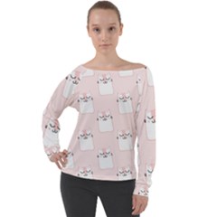 Pattern Pink Cute Sweet Fur Cats Off Shoulder Long Sleeve Velour Top by Wegoenart