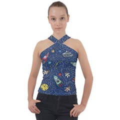 Cat Cosmos Cosmonaut Rocket Cross Neck Velour Top by Wegoenart