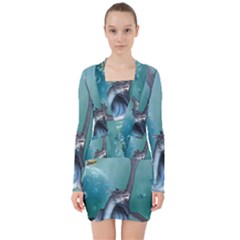 Awesome Seadragon V-neck Bodycon Long Sleeve Dress by FantasyWorld7