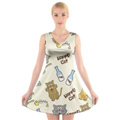 Happy Cats Pattern Background V-neck Sleeveless Dress by Vaneshart