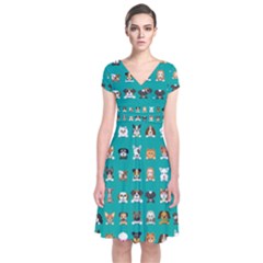 Different Type Vector Cartoon Dog Faces Short Sleeve Front Wrap Dress by Vaneshart