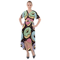 Colorful Donut Seamless Pattern On Black Vector Front Wrap High Low Dress by Sobalvarro