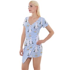 Cute Seagulls Seamless Pattern Light Blue Background Short Sleeve Asymmetric Mini Dress by Wegoenart