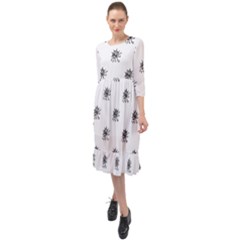 Stylized Black And White Floral Print Ruffle End Midi Chiffon Dress by dflcprintsclothing