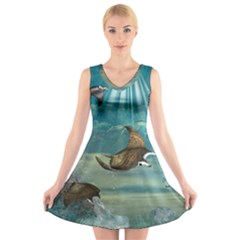 Awesome Steampunk Manta Rays V-neck Sleeveless Dress by FantasyWorld7