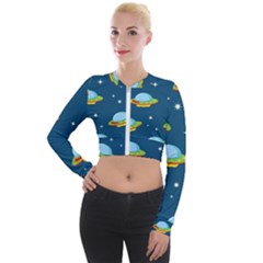 Seamless Pattern Ufo With Star Space Galaxy Background Long Sleeve Cropped Velvet Jacket by Vaneshart