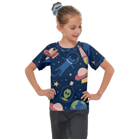 Seamless Pattern With Funny Aliens Cat Galaxy Kids  Mesh Piece Tee by Vaneshart