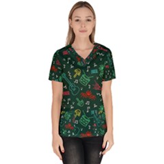 Guitars Musical Notes Seamless Carnival Pattern Women s V-neck Scrub Top by Vaneshart