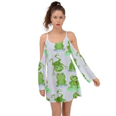 Cute Green Frogs Seamless Pattern Kimono Sleeves Boho Dress by Vaneshart