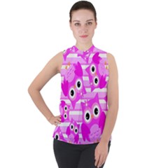 Pink Owl Pattern Background Mock Neck Chiffon Sleeveless Top by Vaneshart