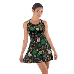 Floral Pattern With Plants Sloth Flowers Black Backdrop Cotton Racerback Dress by Vaneshart