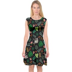 Floral Pattern With Plants Sloth Flowers Black Backdrop Capsleeve Midi Dress by Vaneshart