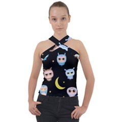 Cute Owl Doodles With Moon Star Seamless Pattern Cross Neck Velour Top by Vaneshart