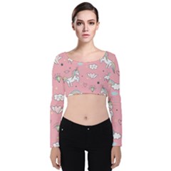 Cute Unicorn Seamless Pattern Velvet Long Sleeve Crop Top by Vaneshart