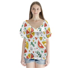 Seamless-hipster-pattern-with-watermelons-mint-geometric-figures V-neck Flutter Sleeve Top by Vaneshart