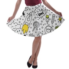 Set Cute Colorful Doodle Hand Drawing A-line Skater Skirt by BangZart