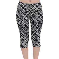 Linear Black And White Ethnic Print Velvet Capri Leggings  by dflcprintsclothing