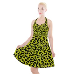 Leopard Spots Pattern, Yellow And Black Animal Fur Print, Wild Cat Theme Halter Party Swing Dress  by Casemiro