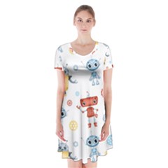 Cute Cartoon Robots Seamless Pattern Short Sleeve V-neck Flare Dress by BangZart