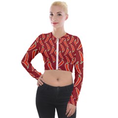 Chili Pattern Red Long Sleeve Cropped Velvet Jacket by BangZart