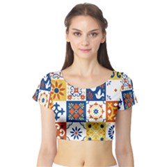 Mexican Talavera Pattern Ceramic Tiles With Flower Leaves Bird Ornaments Traditional Majolica Style Short Sleeve Crop Top by BangZart