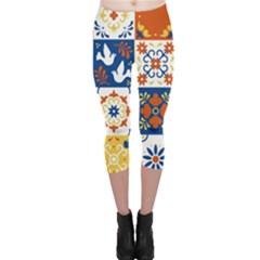 Mexican Talavera Pattern Ceramic Tiles With Flower Leaves Bird Ornaments Traditional Majolica Style Capri Leggings  by BangZart